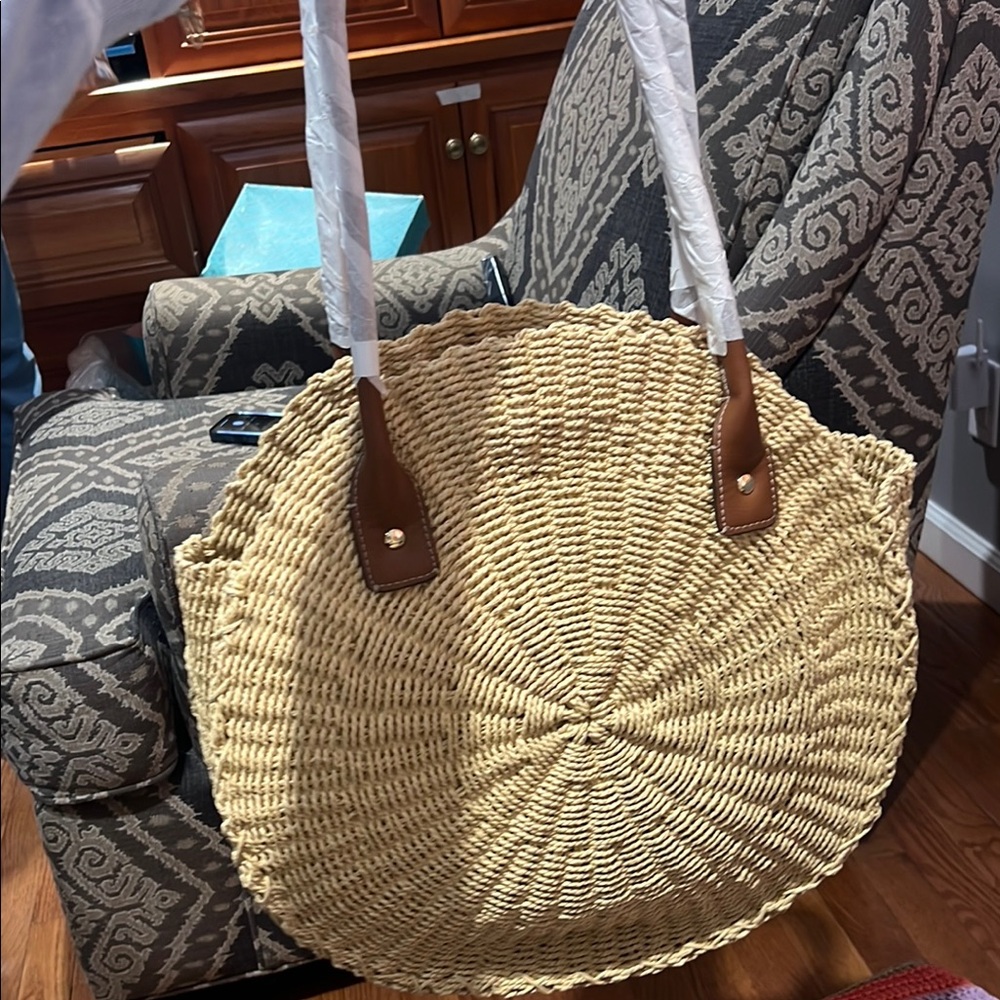 Straw Tote Bag with Brown Accents